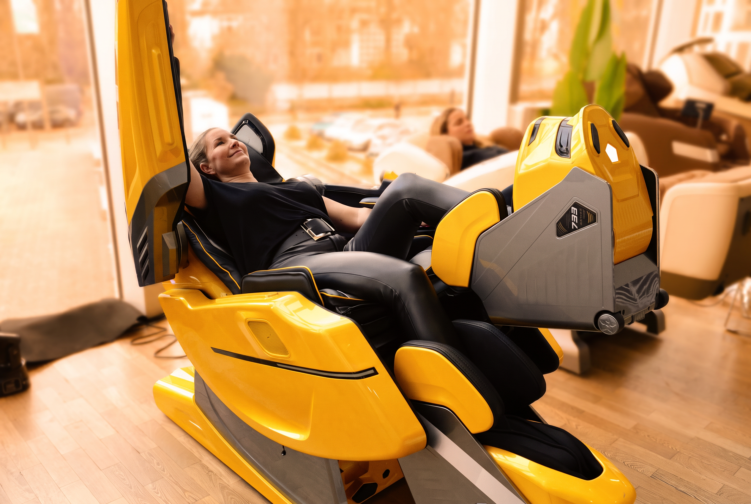 Bodyfriend 733 massagestoel – dame ontspant zich, omgeving in merk-oranje
