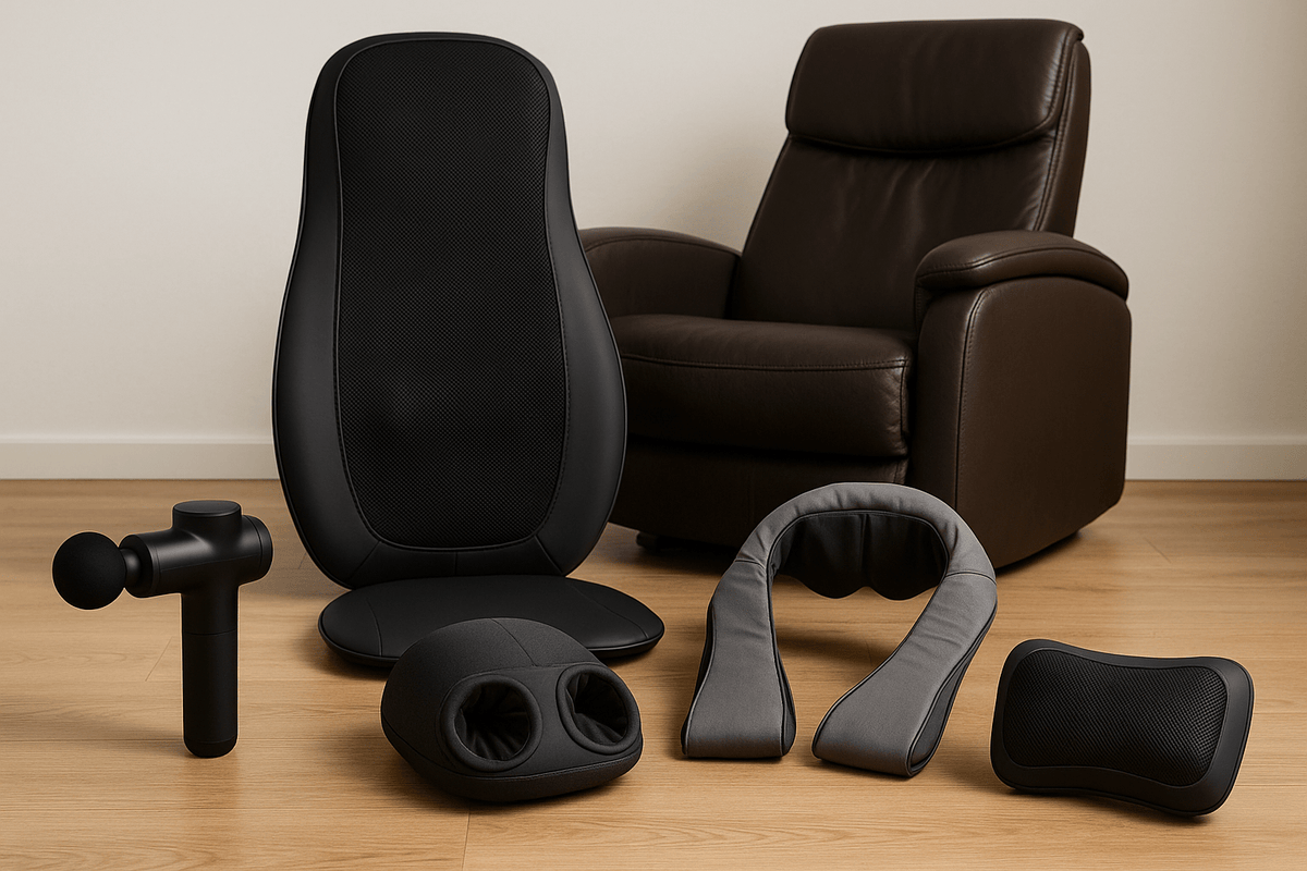 Diverse elektrische massageapparaten, zoals massagepistolen, nek-, rug-, shiatsu-, fascia- en voetmassageapparaten