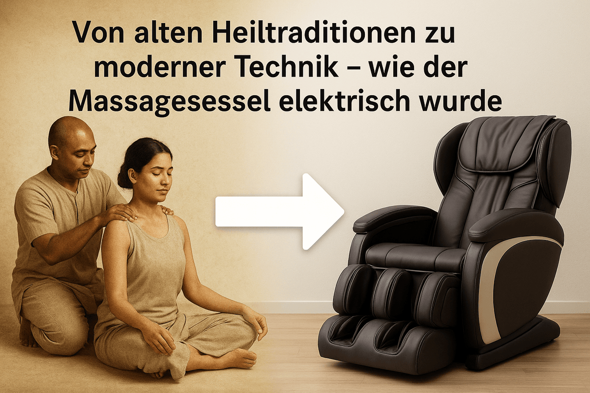 Een man masseert de schouders van een vrouw en een pijl die naar een elektrische massagestoel wijst
