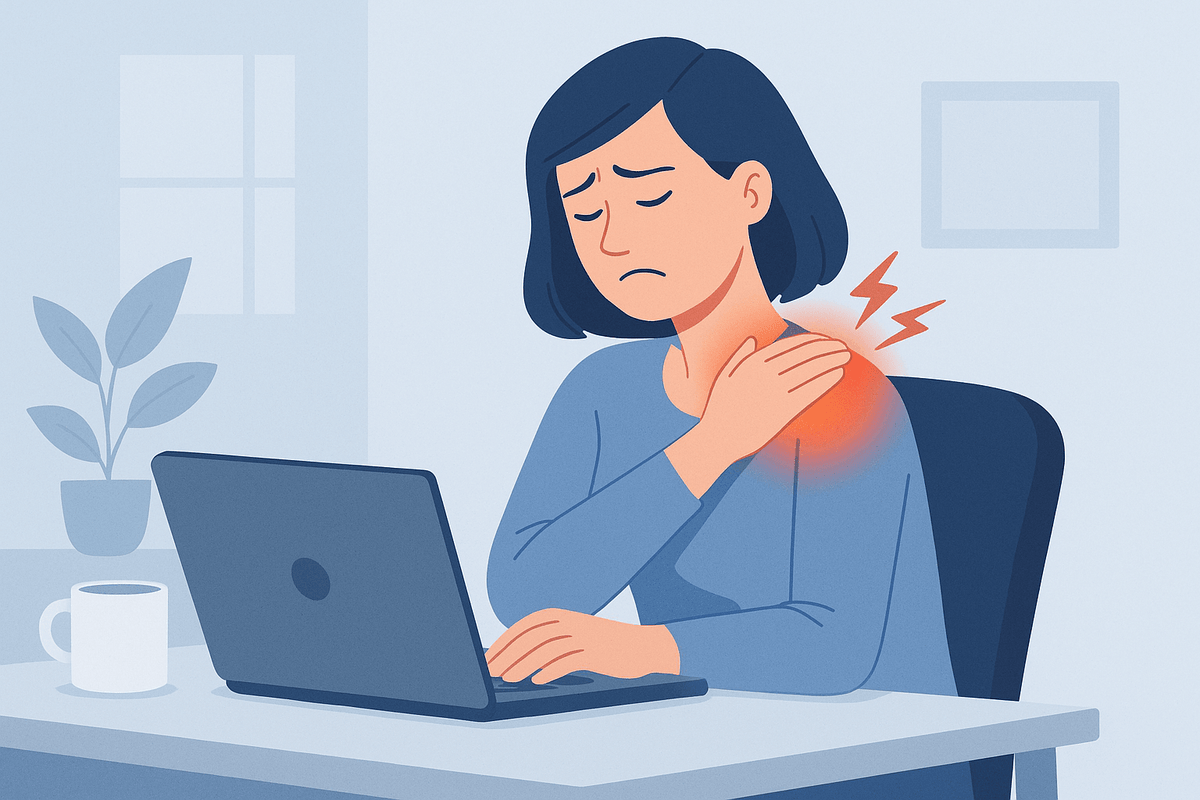 Schouderpijn bij een vrouw die achter haar laptop zit