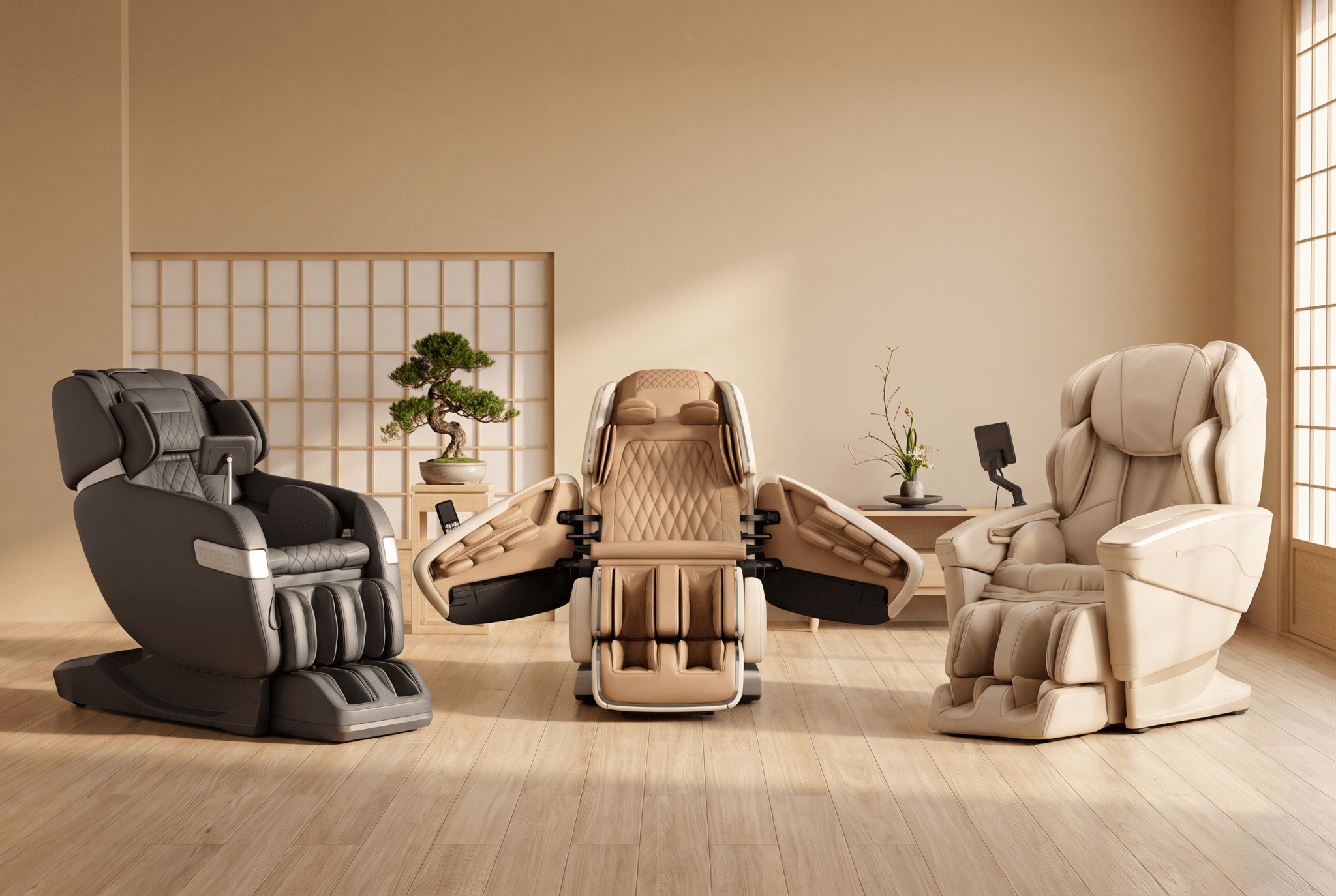 Japanische Massagesessel von Fujiiryoki, OHCO und KOYO in einem warmen Showroom